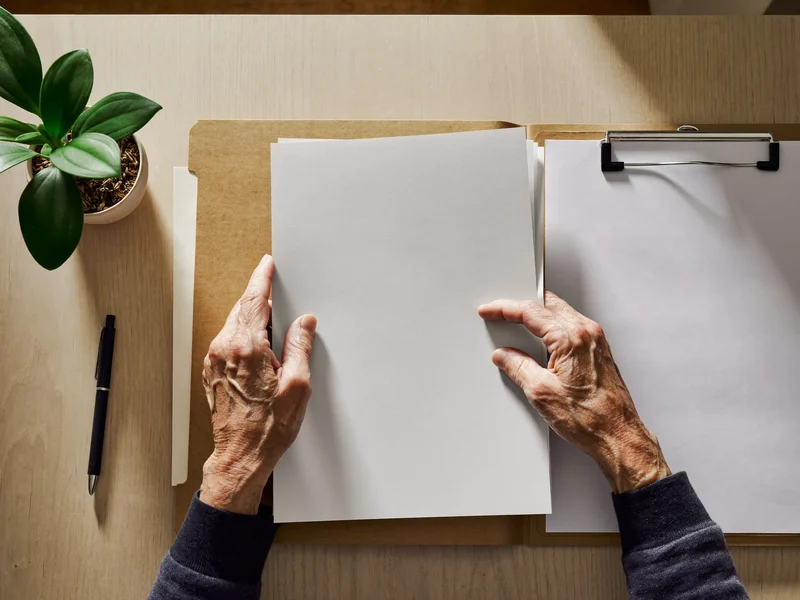 Des mains classent formulaires vierges, chemise cartonnée et stylo sur un bureau ordonné.