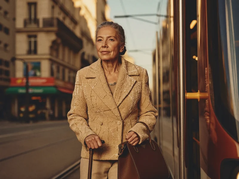 Une femme âgée avec une canne monte dans un tramway moderne en ville.