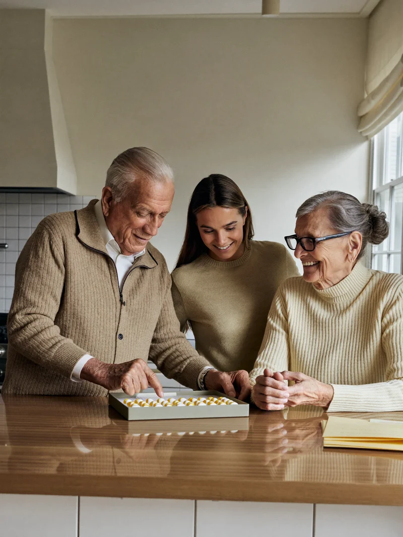 Un couple de seniors et leur fille organisent un pilulier et des enveloppes dans la cuisine.