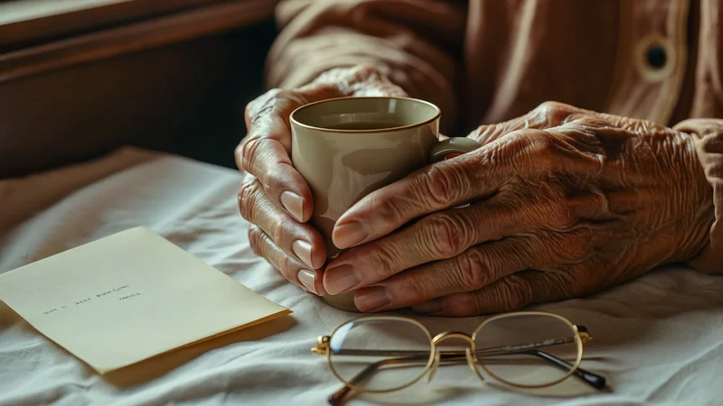 Des mains posées près d'une tasse, d'une lettre pliée et de lunettes sur une nappe.